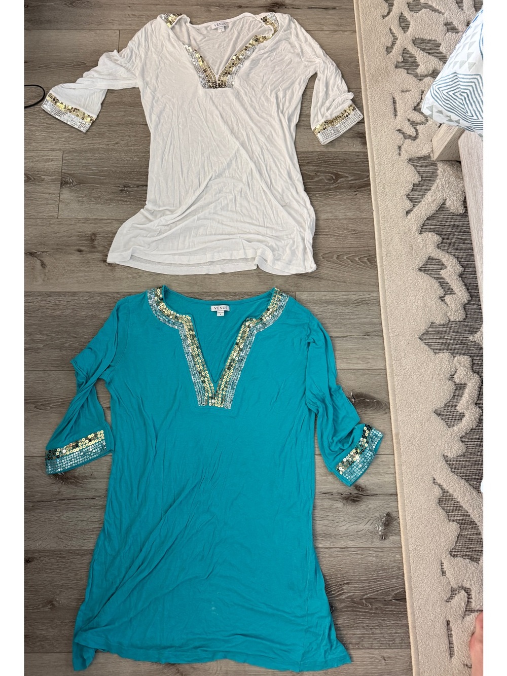 VENUS White and Teal Sequin-Trim V-Neck Tunics